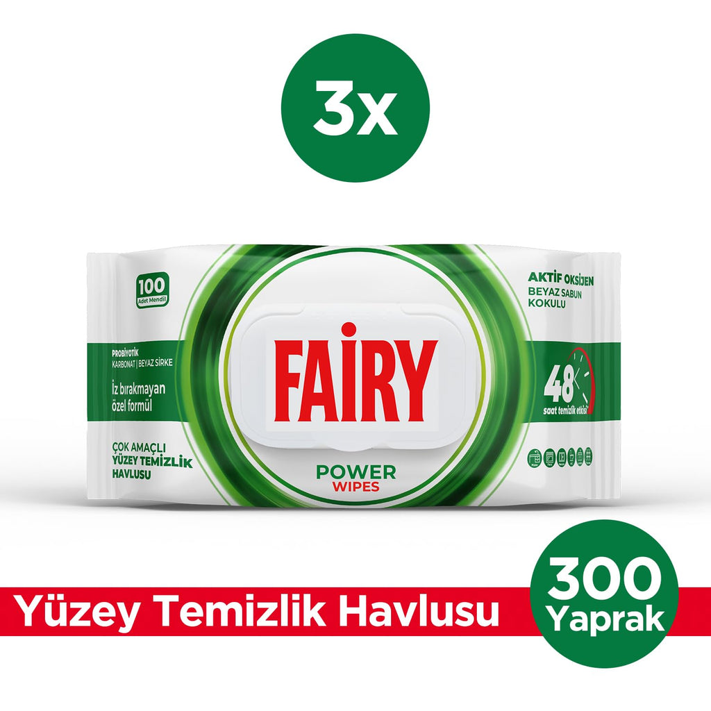 Fairy Power Wipes Aktif Oksijen Yüzey Temizlik Havlusu 100 Yaprak 3 Adet | Beyaz Sabun | Beyaz Sirke & Karbonat | 48 Saat Temizlik Etkili | İz Bırakmayan Formül