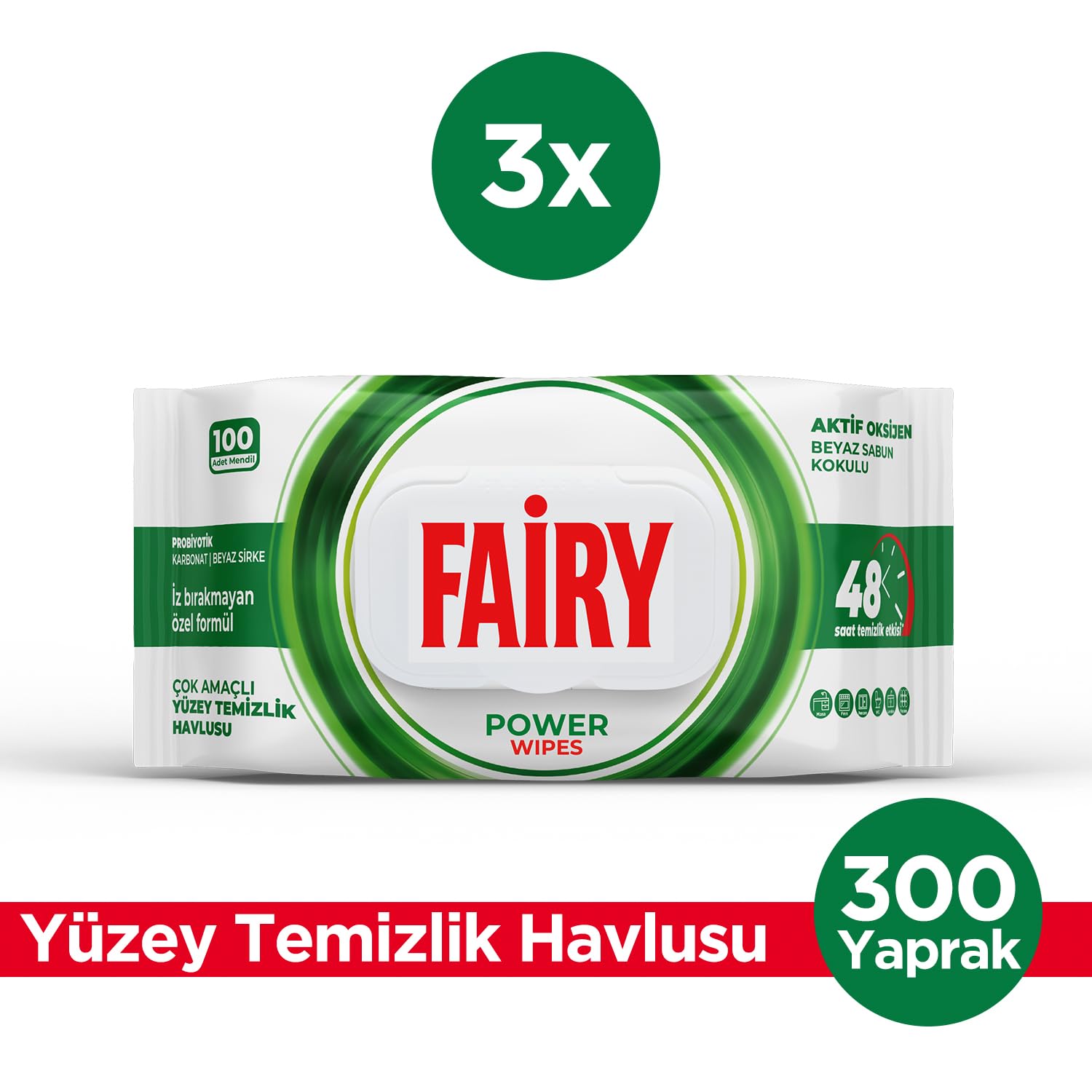 Fairy Power Wipes Aktif Oksijen Yüzey Temizlik Havlusu 100 Yaprak 3 Adet | Beyaz Sabun | Beyaz Sirke & Karbonat | 48 Saat Temizlik Etkili | İz Bırakmayan Formül