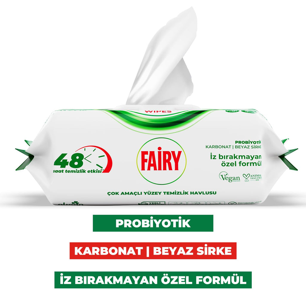 Fairy Power Wipes Aktif Oksijen Yüzey Temizlik Havlusu 100 Yaprak 3 Adet | Beyaz Sabun | Beyaz Sirke & Karbonat | 48 Saat Temizlik Etkili | İz Bırakmayan Formül