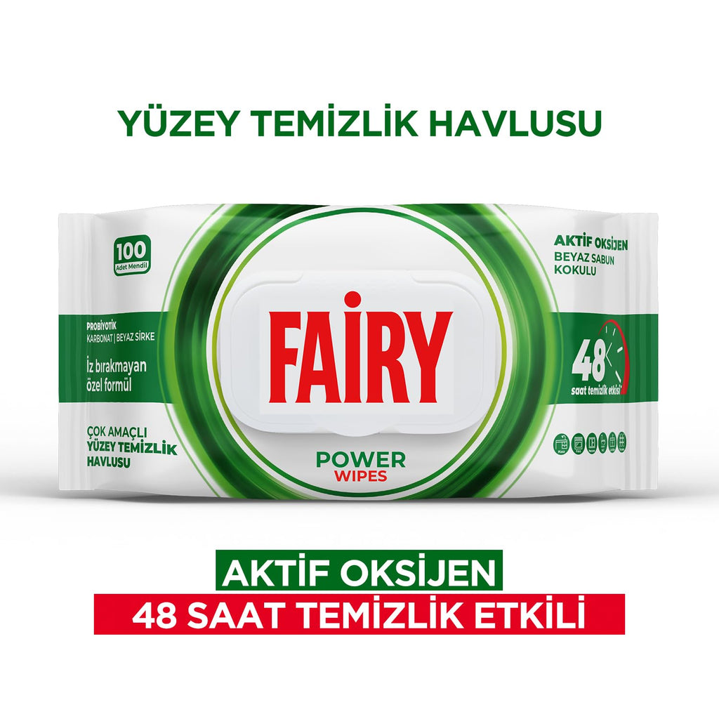 Fairy Power Wipes Aktif Oksijen Yüzey Temizlik Havlusu 100 Yaprak 3 Adet | Beyaz Sabun | Beyaz Sirke & Karbonat | 48 Saat Temizlik Etkili | İz Bırakmayan Formül