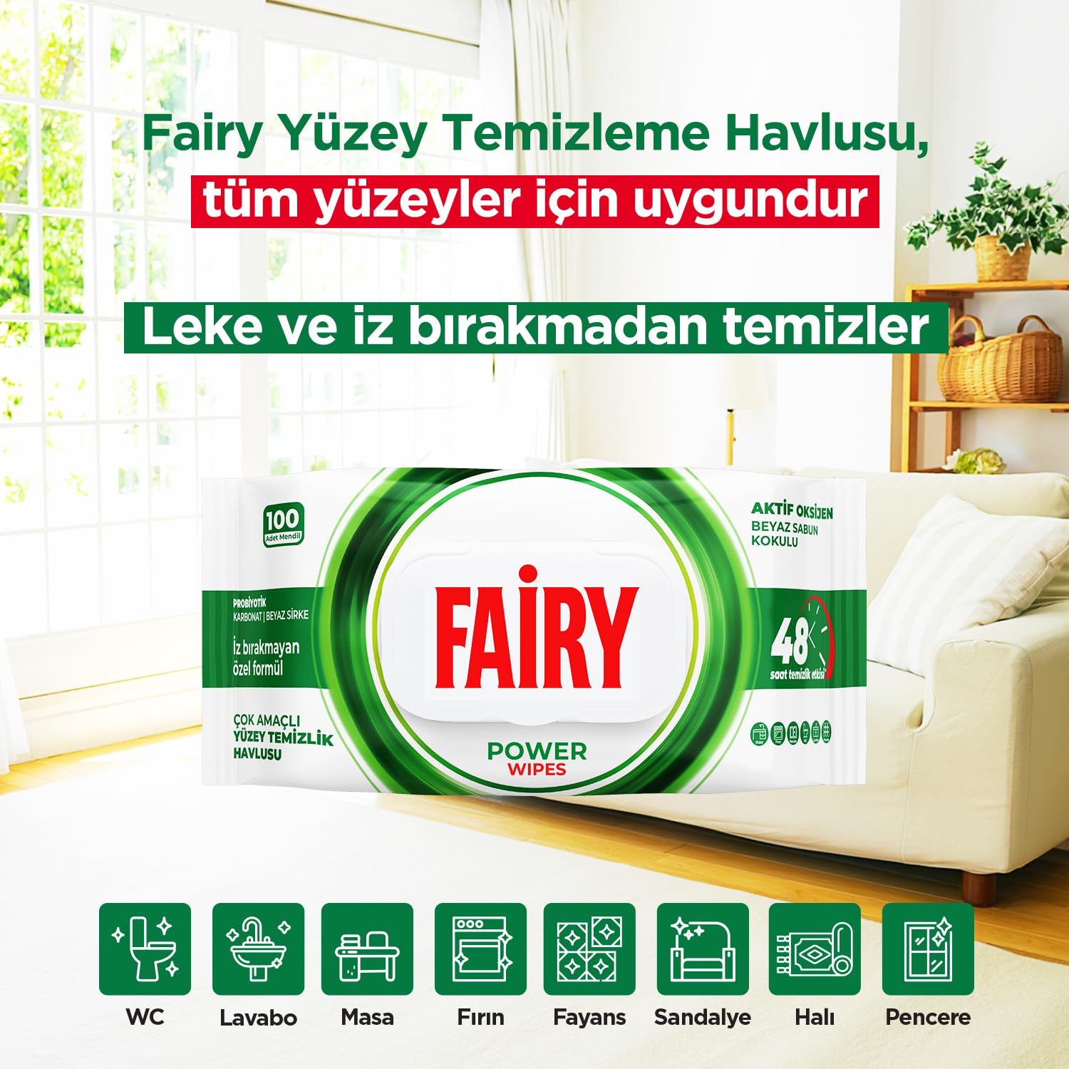 Fairy Power Wipes Aktif Oksijen Yüzey Temizlik Havlusu 100 Yaprak 3 Adet | Beyaz Sabun | Beyaz Sirke & Karbonat | 48 Saat Temizlik Etkili | İz Bırakmayan Formül