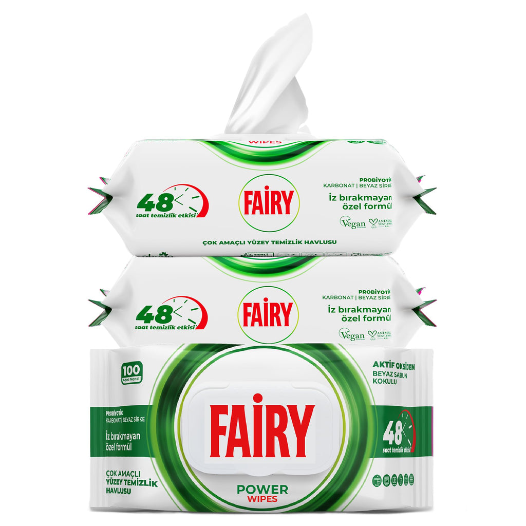 Fairy Power Wipes Aktif Oksijen Yüzey Temizlik Havlusu 100 Yaprak 3 Adet | Beyaz Sabun | Beyaz Sirke & Karbonat | 48 Saat Temizlik Etkili | İz Bırakmayan Formül